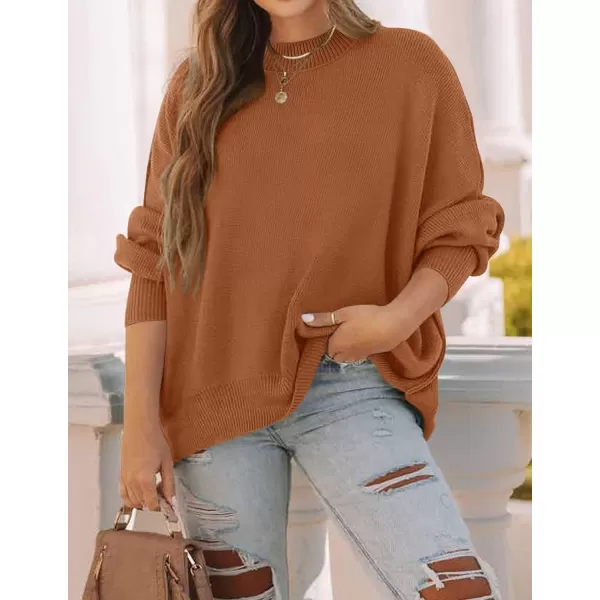 imageZESICA Womens 2023 Fall Casual Long Sleeve Crew Neck Side Slit Oversized Ribbed Knit Pullover Sweater TopsCaramel