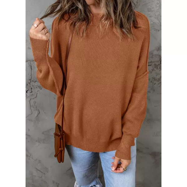 imageZESICA Womens 2023 Fall Casual Long Sleeve Crew Neck Side Slit Oversized Ribbed Knit Pullover Sweater TopsCaramel