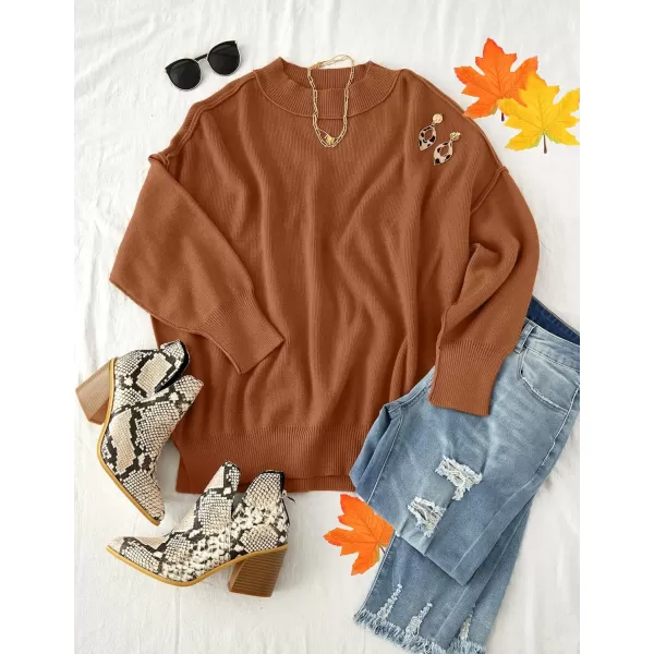imageZESICA Womens 2023 Fall Casual Long Sleeve Crew Neck Side Slit Oversized Ribbed Knit Pullover Sweater TopsCaramel