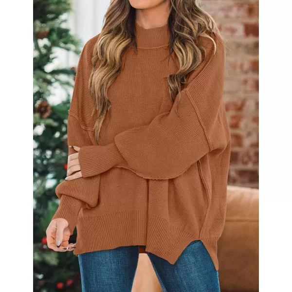 imageZESICA Womens 2023 Fall Casual Long Sleeve Crew Neck Side Slit Oversized Ribbed Knit Pullover Sweater TopsCaramel