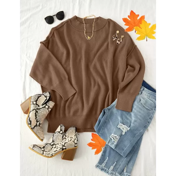 imageZESICA Womens 2023 Fall Casual Long Sleeve Crew Neck Side Slit Oversized Ribbed Knit Pullover Sweater TopsCoffee