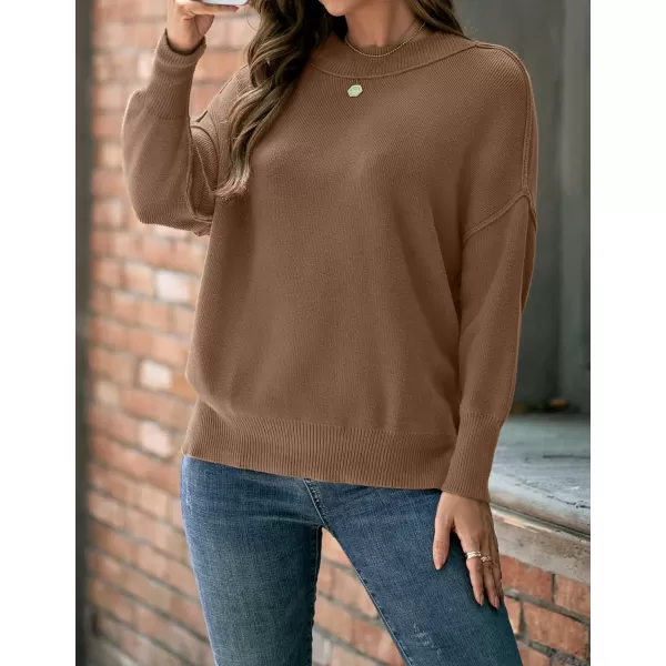 imageZESICA Womens 2023 Fall Casual Long Sleeve Crew Neck Side Slit Oversized Ribbed Knit Pullover Sweater TopsCoffee