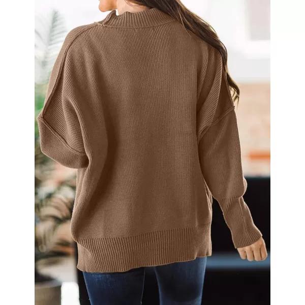 imageZESICA Womens 2023 Fall Casual Long Sleeve Crew Neck Side Slit Oversized Ribbed Knit Pullover Sweater TopsCoffee