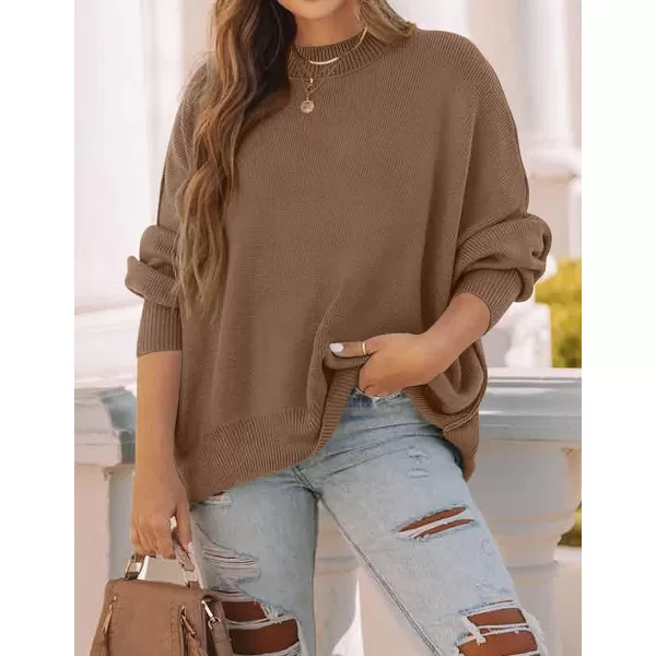 imageZESICA Womens 2023 Fall Casual Long Sleeve Crew Neck Side Slit Oversized Ribbed Knit Pullover Sweater TopsCoffee