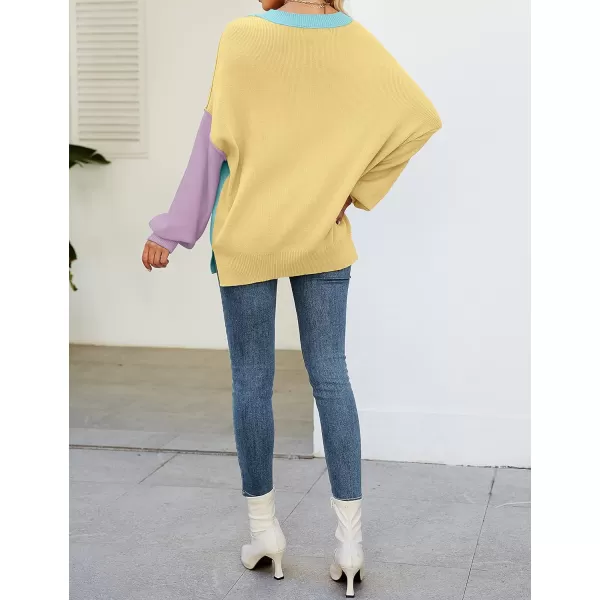 imageZESICA Womens 2023 Fall Casual Long Sleeve Crew Neck Side Slit Oversized Ribbed Knit Pullover Sweater TopsConstrastblue