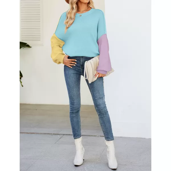 imageZESICA Womens 2023 Fall Casual Long Sleeve Crew Neck Side Slit Oversized Ribbed Knit Pullover Sweater TopsConstrastblue
