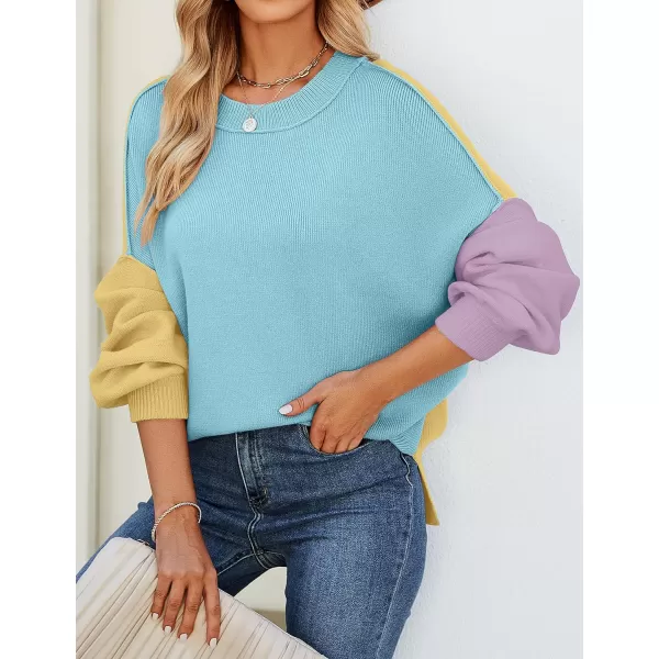 imageZESICA Womens 2023 Fall Casual Long Sleeve Crew Neck Side Slit Oversized Ribbed Knit Pullover Sweater TopsConstrastblue