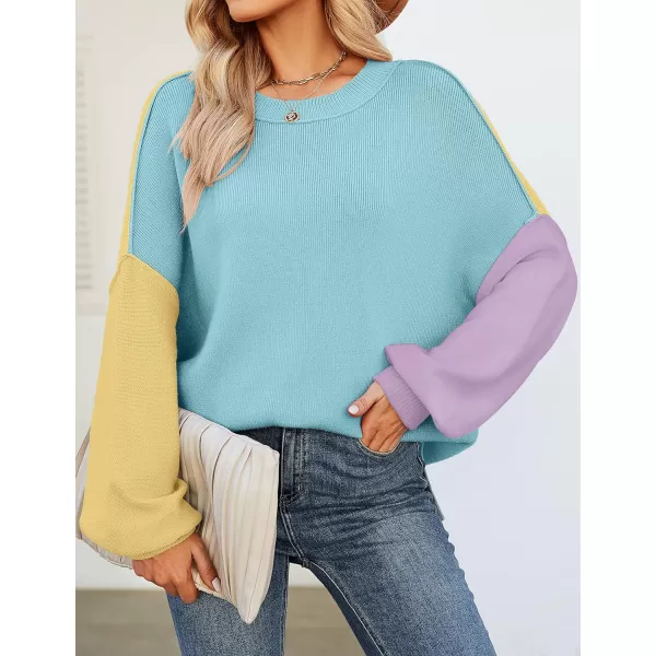 imageZESICA Womens 2023 Fall Casual Long Sleeve Crew Neck Side Slit Oversized Ribbed Knit Pullover Sweater TopsConstrastblue