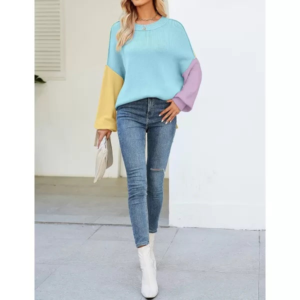 imageZESICA Womens 2023 Fall Casual Long Sleeve Crew Neck Side Slit Oversized Ribbed Knit Pullover Sweater TopsConstrastblue