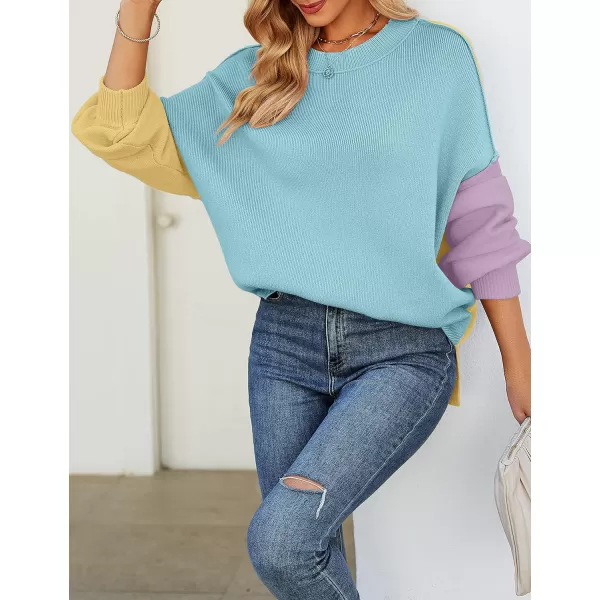 imageZESICA Womens 2023 Fall Casual Long Sleeve Crew Neck Side Slit Oversized Ribbed Knit Pullover Sweater TopsConstrastblue