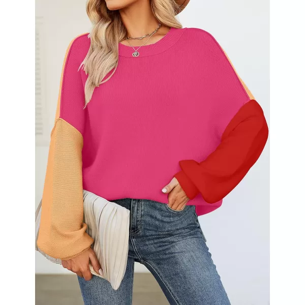 imageZESICA Womens 2023 Fall Casual Long Sleeve Crew Neck Side Slit Oversized Ribbed Knit Pullover Sweater TopsConstrastrose