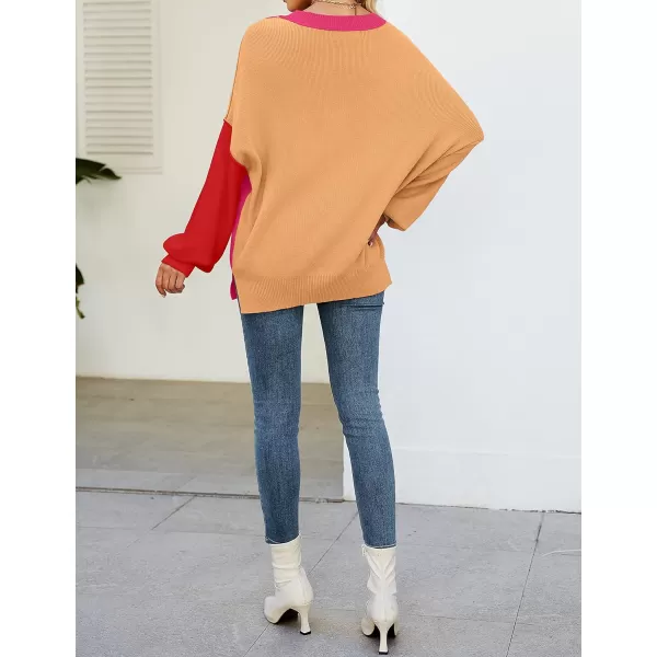 imageZESICA Womens 2023 Fall Casual Long Sleeve Crew Neck Side Slit Oversized Ribbed Knit Pullover Sweater TopsConstrastrose