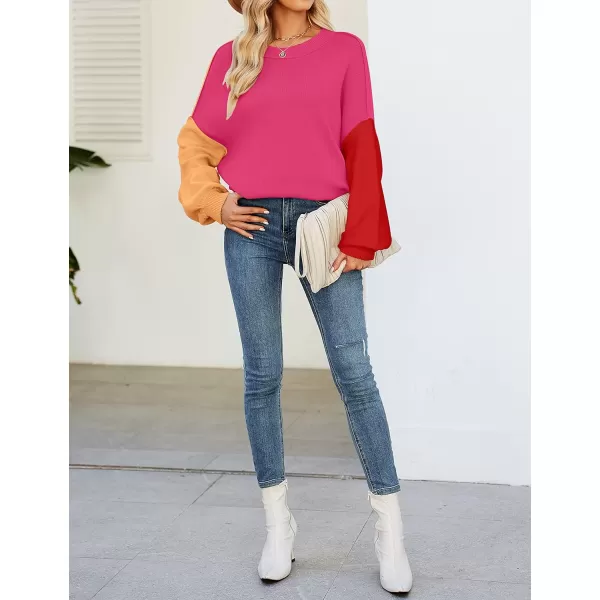 imageZESICA Womens 2023 Fall Casual Long Sleeve Crew Neck Side Slit Oversized Ribbed Knit Pullover Sweater TopsConstrastrose