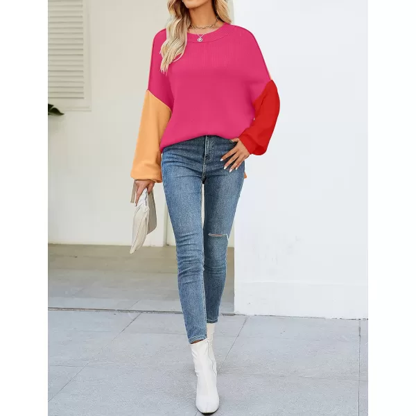 imageZESICA Womens 2023 Fall Casual Long Sleeve Crew Neck Side Slit Oversized Ribbed Knit Pullover Sweater TopsConstrastrose