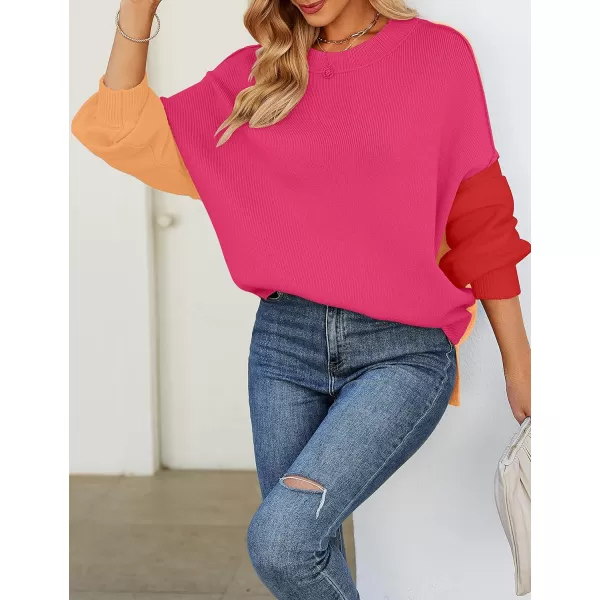 imageZESICA Womens 2023 Fall Casual Long Sleeve Crew Neck Side Slit Oversized Ribbed Knit Pullover Sweater TopsConstrastrose