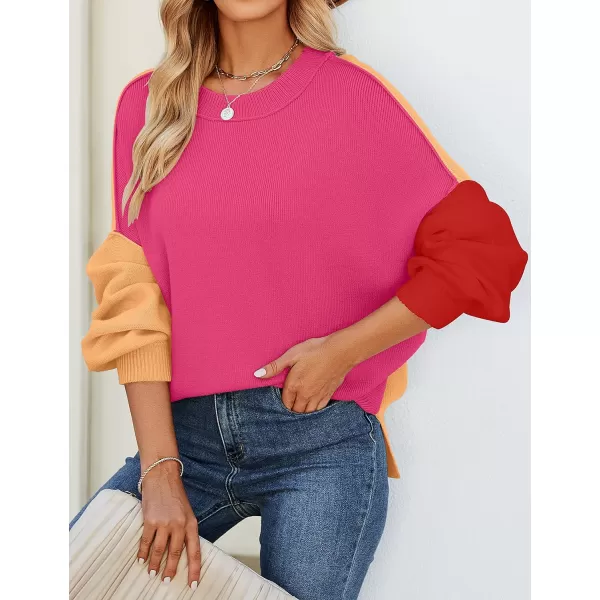imageZESICA Womens 2023 Fall Casual Long Sleeve Crew Neck Side Slit Oversized Ribbed Knit Pullover Sweater TopsConstrastrose