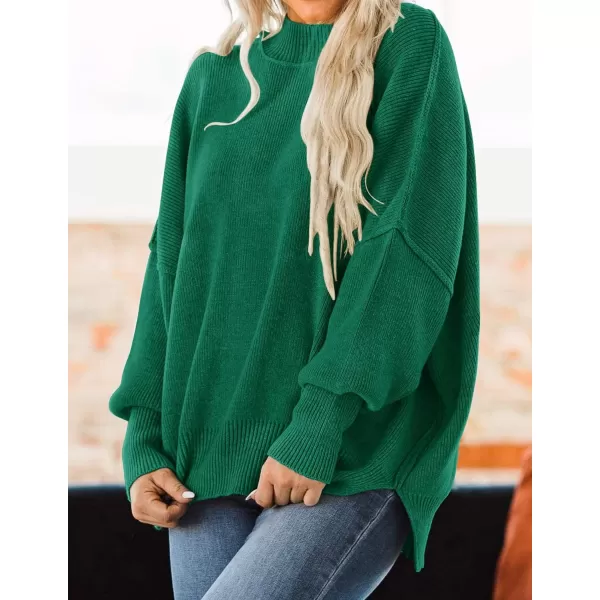 imageZESICA Womens 2023 Fall Casual Long Sleeve Crew Neck Side Slit Oversized Ribbed Knit Pullover Sweater TopsDarkgreen