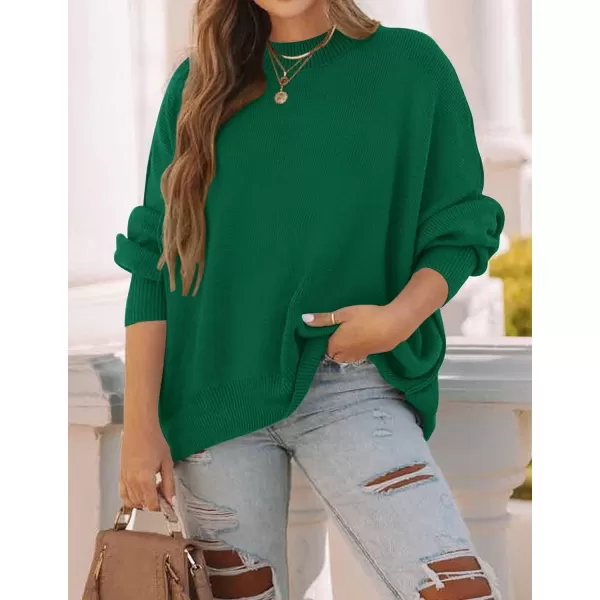 imageZESICA Womens 2023 Fall Casual Long Sleeve Crew Neck Side Slit Oversized Ribbed Knit Pullover Sweater TopsDarkgreen