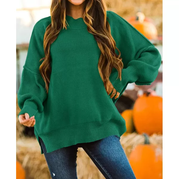 imageZESICA Womens 2023 Fall Casual Long Sleeve Crew Neck Side Slit Oversized Ribbed Knit Pullover Sweater TopsDarkgreen