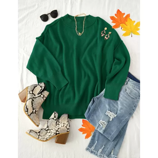 imageZESICA Womens 2023 Fall Casual Long Sleeve Crew Neck Side Slit Oversized Ribbed Knit Pullover Sweater TopsDarkgreen