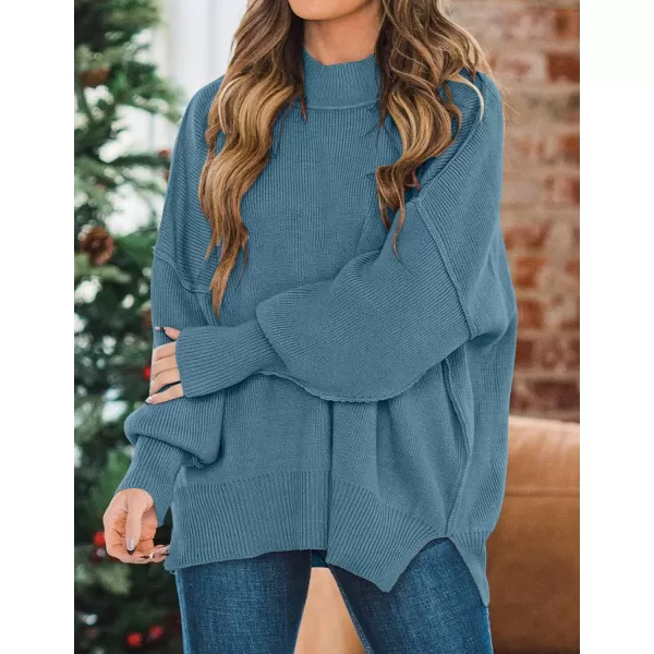 imageZESICA Womens 2023 Fall Casual Long Sleeve Crew Neck Side Slit Oversized Ribbed Knit Pullover Sweater TopsDustyblue