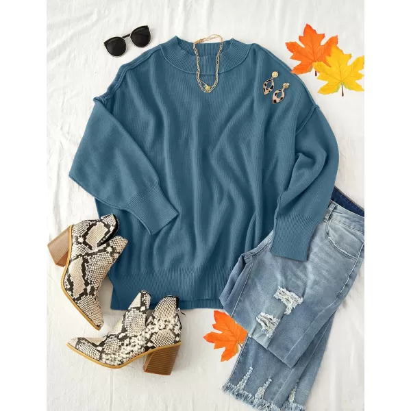 imageZESICA Womens 2023 Fall Casual Long Sleeve Crew Neck Side Slit Oversized Ribbed Knit Pullover Sweater TopsDustyblue