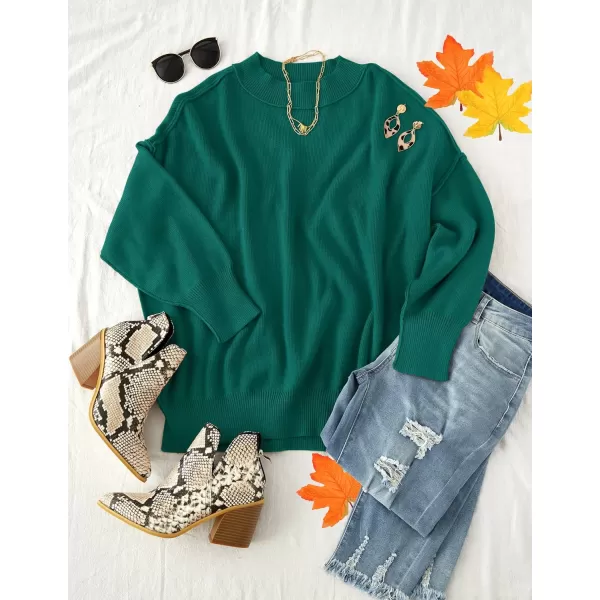 imageZESICA Womens 2023 Fall Casual Long Sleeve Crew Neck Side Slit Oversized Ribbed Knit Pullover Sweater TopsForestgreen