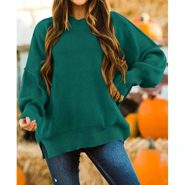 imageZESICA Womens 2023 Fall Casual Long Sleeve Crew Neck Side Slit Oversized Ribbed Knit Pullover Sweater TopsForestgreen
