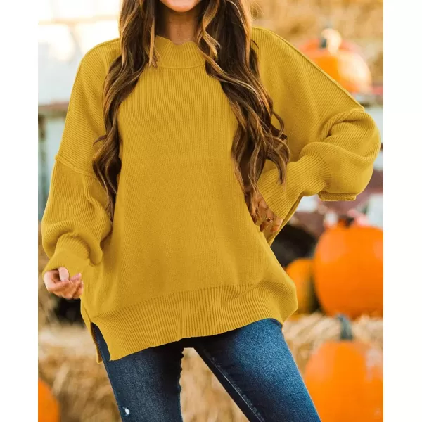 imageZESICA Womens 2023 Fall Casual Long Sleeve Crew Neck Side Slit Oversized Ribbed Knit Pullover Sweater TopsGinger