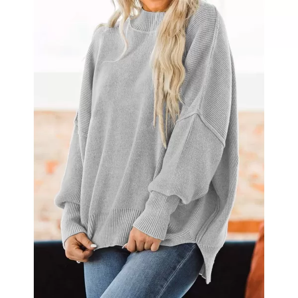 imageZESICA Womens 2023 Fall Casual Long Sleeve Crew Neck Side Slit Oversized Ribbed Knit Pullover Sweater TopsGrey