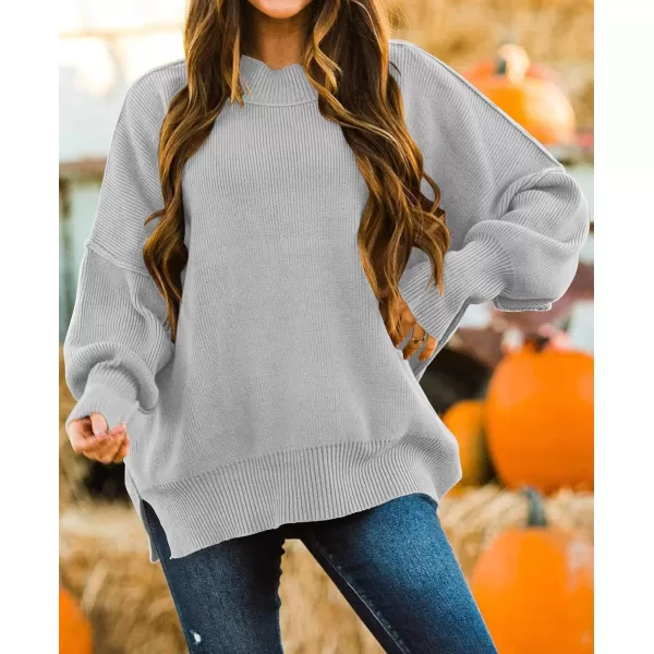 imageZESICA Womens 2023 Fall Casual Long Sleeve Crew Neck Side Slit Oversized Ribbed Knit Pullover Sweater TopsGrey