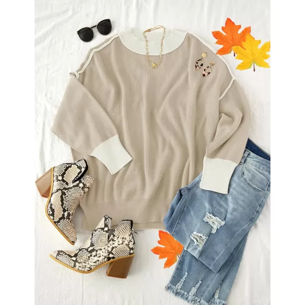 imageZESICA Womens 2023 Fall Casual Long Sleeve Crew Neck Side Slit Oversized Ribbed Knit Pullover Sweater TopsGreyapricot