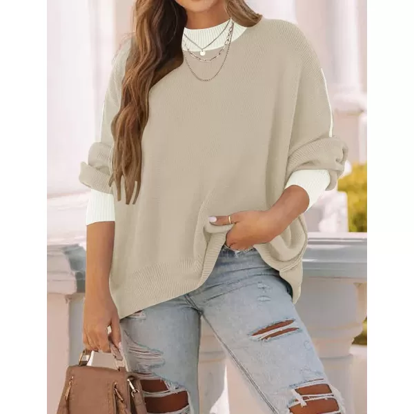 imageZESICA Womens 2023 Fall Casual Long Sleeve Crew Neck Side Slit Oversized Ribbed Knit Pullover Sweater TopsGreyapricot