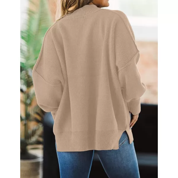 imageZESICA Womens 2023 Fall Casual Long Sleeve Crew Neck Side Slit Oversized Ribbed Knit Pullover Sweater TopsKhaki