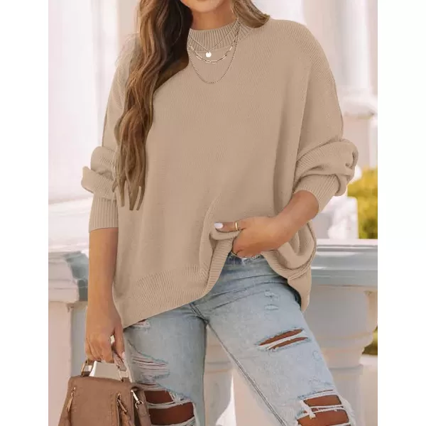 imageZESICA Womens 2023 Fall Casual Long Sleeve Crew Neck Side Slit Oversized Ribbed Knit Pullover Sweater TopsKhaki