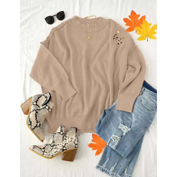 imageZESICA Womens 2023 Fall Casual Long Sleeve Crew Neck Side Slit Oversized Ribbed Knit Pullover Sweater TopsKhaki