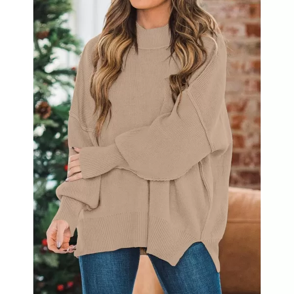 imageZESICA Womens 2023 Fall Casual Long Sleeve Crew Neck Side Slit Oversized Ribbed Knit Pullover Sweater TopsKhaki