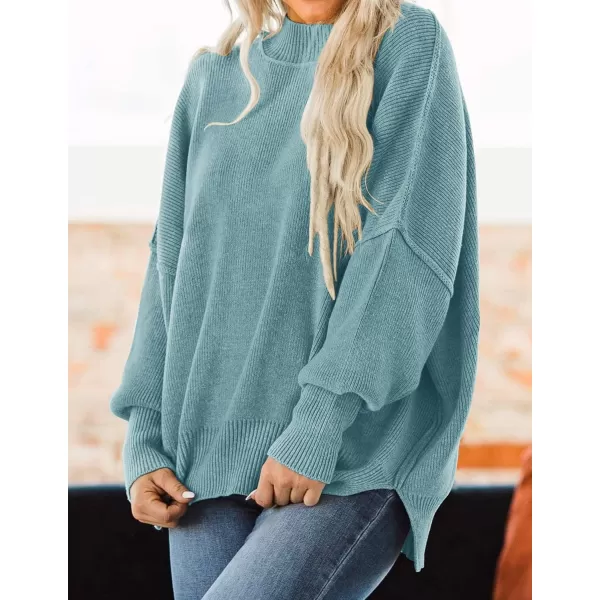 imageZESICA Womens 2023 Fall Casual Long Sleeve Crew Neck Side Slit Oversized Ribbed Knit Pullover Sweater TopsLake