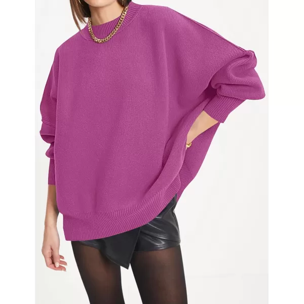 imageZESICA Womens 2023 Fall Casual Long Sleeve Crew Neck Side Slit Oversized Ribbed Knit Pullover Sweater TopsLilac