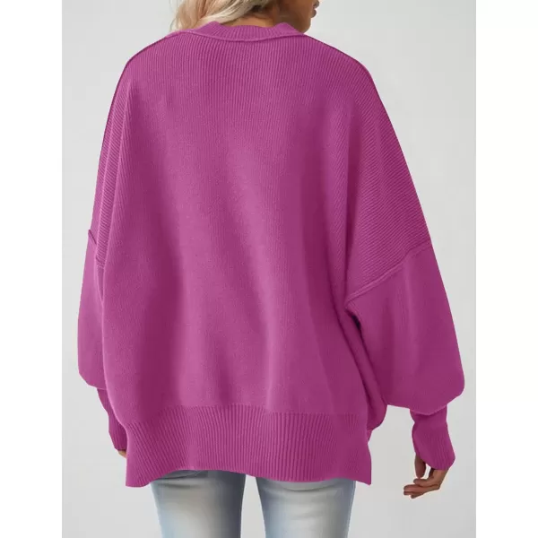 imageZESICA Womens 2023 Fall Casual Long Sleeve Crew Neck Side Slit Oversized Ribbed Knit Pullover Sweater TopsLilac