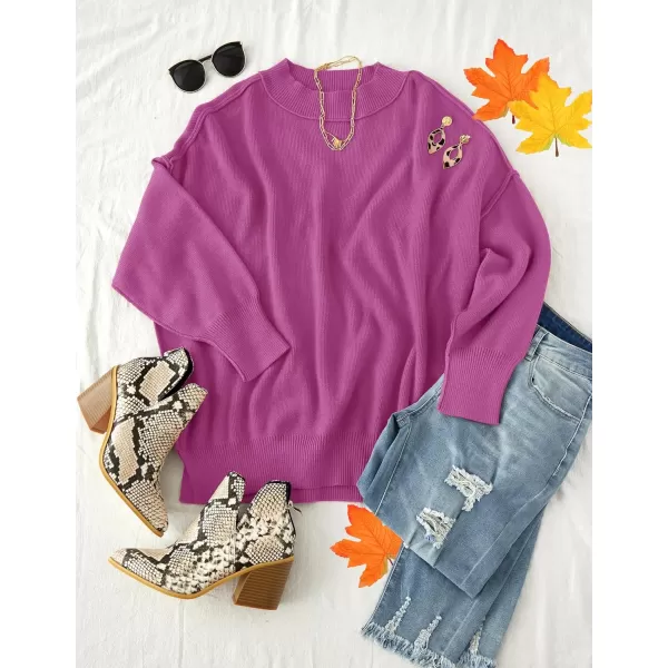 imageZESICA Womens 2023 Fall Casual Long Sleeve Crew Neck Side Slit Oversized Ribbed Knit Pullover Sweater TopsLilac