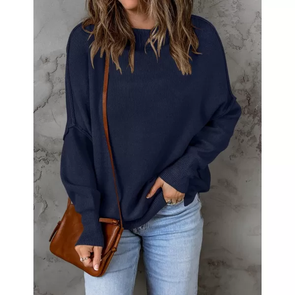 imageZESICA Womens 2023 Fall Casual Long Sleeve Crew Neck Side Slit Oversized Ribbed Knit Pullover Sweater TopsNavy
