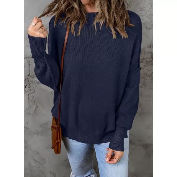 imageZESICA Womens 2023 Fall Casual Long Sleeve Crew Neck Side Slit Oversized Ribbed Knit Pullover Sweater TopsNavy