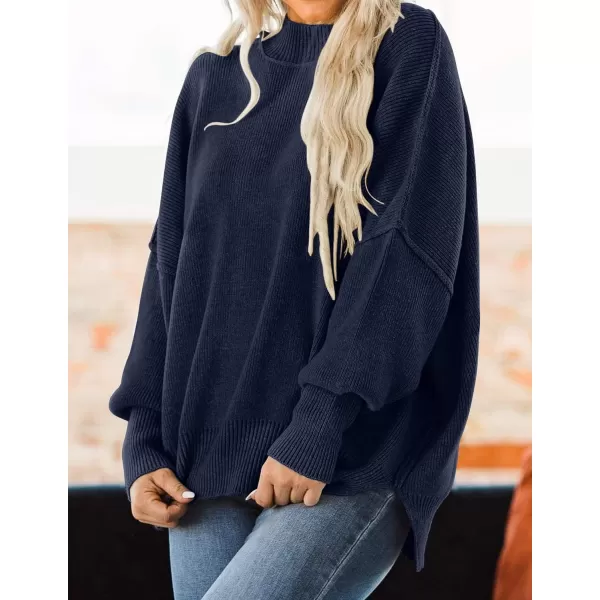 imageZESICA Womens 2023 Fall Casual Long Sleeve Crew Neck Side Slit Oversized Ribbed Knit Pullover Sweater TopsNavy