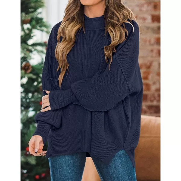 imageZESICA Womens 2023 Fall Casual Long Sleeve Crew Neck Side Slit Oversized Ribbed Knit Pullover Sweater TopsNavy