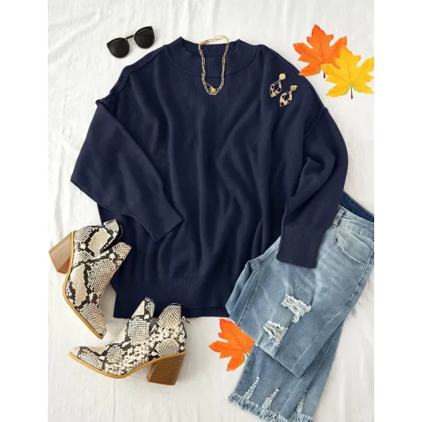 imageZESICA Womens 2023 Fall Casual Long Sleeve Crew Neck Side Slit Oversized Ribbed Knit Pullover Sweater TopsNavy