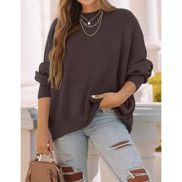 imageZESICA Womens 2023 Fall Casual Long Sleeve Crew Neck Side Slit Oversized Ribbed Knit Pullover Sweater TopsNutmeg