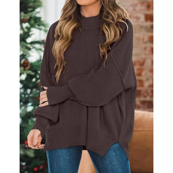 imageZESICA Womens 2023 Fall Casual Long Sleeve Crew Neck Side Slit Oversized Ribbed Knit Pullover Sweater TopsNutmeg