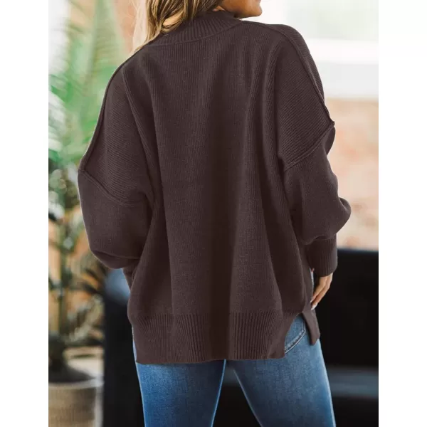 imageZESICA Womens 2023 Fall Casual Long Sleeve Crew Neck Side Slit Oversized Ribbed Knit Pullover Sweater TopsNutmeg