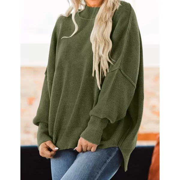 imageZESICA Womens 2023 Fall Casual Long Sleeve Crew Neck Side Slit Oversized Ribbed Knit Pullover Sweater TopsOlive